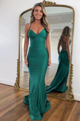 Stylish Mermaid Spaghetti Straps Green Long Satin Prom Dress With Lace Up Formal Evening Gown