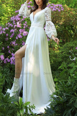 Sweep Train Chiffon/Lace Beach Wedding Dress with A-Line V-Neck and Long Sleeves