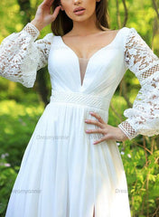 Sweep Train Chiffon/Lace Beach Wedding Dress with A-Line V-Neck and Long Sleeves