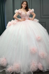 Sweet Ball Gown Off Shoulder Sleeveless Pleated Beaded Flowers Glitter Baby Pink Tulle Quinceanera Dress Forml Evening Dress Birthday Party Dress For Sweet 16