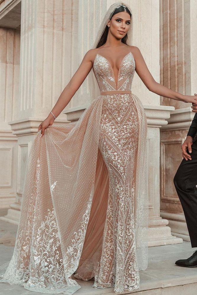 Sweetheart Beach Wedding Dress Lace Appliques Mermaid Bridal Dress With Panel Train