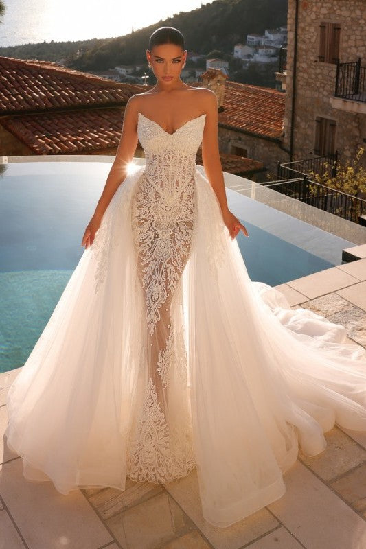 Sweetheart Beach Wedding Dress Mermaid Lace Appliques Bridal Dress with Panel Train