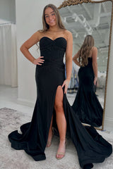 Sweetheart Black Prom Dress Mermaid Long Formal Dress With Slit