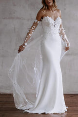 Sweetheart Long Sleeve Lace/Elastic Satin Wedding Dress with Sheath Silhouette and Sweep Train