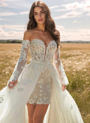 Sweetheart Long Sleeves Lace Beach Wedding Dresses With Detachable Train