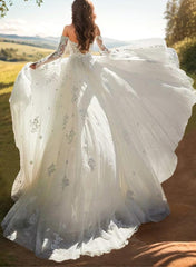 Sweetheart Long Sleeves Lace Beach Wedding Dresses With Detachable Train