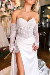 Sweetheart Long Sleeves Satin Beach Wedding Dresses With Split Front