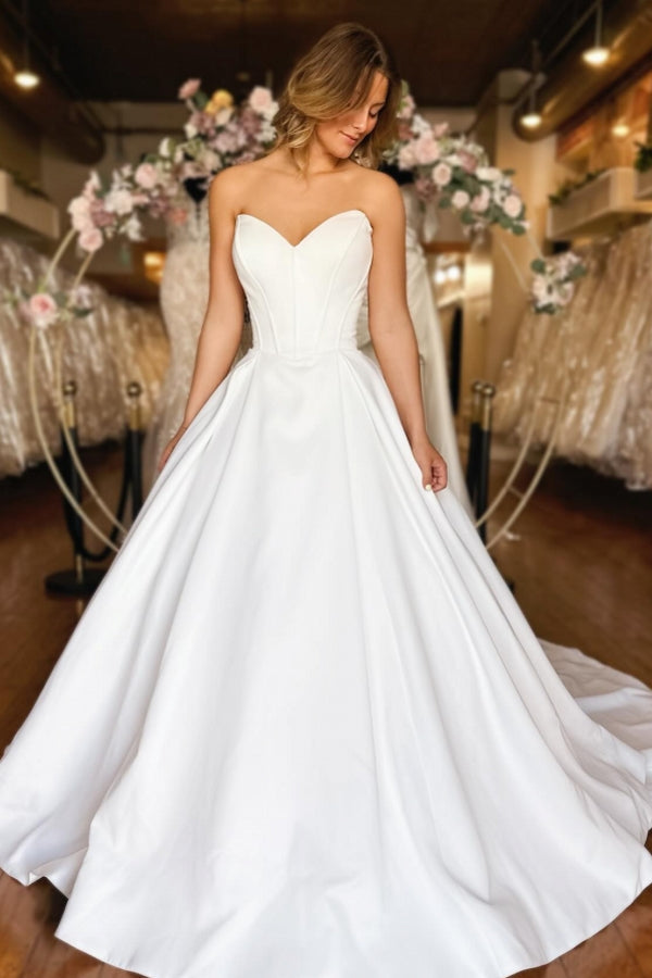 Sweetheart Long White Wedding Dress Strapless A Line Satin Bridal Gown With Pockets