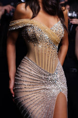 Sweetheart Mermaid One Shoulder Sleeveless Beaded Sequined Tulle Formal Dress With High Slit