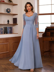 Sweetheart Neck A-Line Princess Gown with 3/4 Sleeves Floor-Length Lace Bridal Dress Featuring Ruffles & Appliques