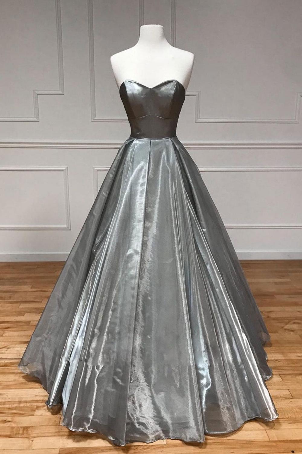 Sweetheart Neck Prom Dress Satin Gray Long Formal Party Dress Evening Dress