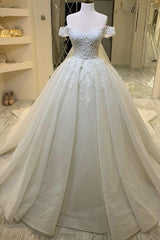 Sweetheart Off the Shoulder A Line Wedding Dress with Ruffles and Lace Appliques