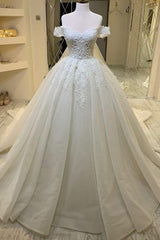 Sweetheart Off the Shoulder A Line Wedding Dress with Ruffles and Lace Appliques
