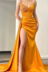 Sweetheart Orange Beaded Long Mermaid Prom Dress With Panel Train