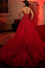 Sweetheart Prom Dress A Line Tulle Long Evening Dress with Sequined Lace Appliques