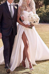 Sweetheart Satin Sweep Train Beach Wedding Dresses With Split Front