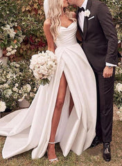 Sweetheart Satin Sweep Train Beach Wedding Dresses With Split Front