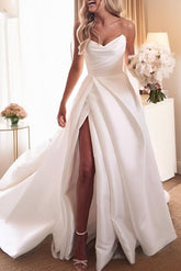 Sweetheart Satin Sweep Train Beach Wedding Dresses With Split Front