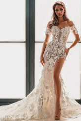 Sweetheart Short Sleeves Court Train Lace Beach Wedding Dresses With Appliques Lace