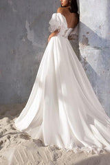 Sweetheart Short Sleeves Court Train Tulle Wedding Dress with Split Front