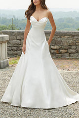 Sweetheart Sleeveless A-Line Satin Beach Wedding Dresses with Sweep Train