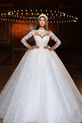 Sweetheart Wedding Dress Lace Ball Gown Sleeves High Neck Beaded Tulle Bridal Gown With Appliques