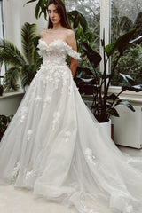 Sweetheart Wedding Dress Long Ivory A Line Off The Shoulder Lace Sleeveless Bridal Gown