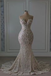 Sweetheart Wedding Dress Long Mermaid Sleeveless Beaded Lace Bridal Gown