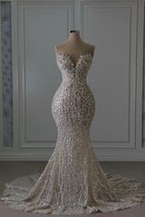 Sweetheart Wedding Dress Long Mermaid Sleeveless Beaded Lace Bridal Gown