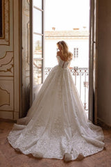 Sweetheart Wedding Dress Off The Shoulder Sequined Lace Ball Gown Bridal Gown With Rhinestone And Handmake Flowers