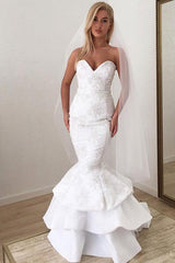 Sweetheart White Lace Appliques Mermaid Ruffled Long Wedding Dress