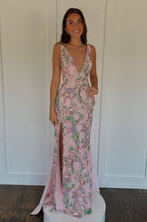 Sweety Mermaid V Neck Pink Long Prom Dress With Emboridery Bowknot Formal Evening Gown
