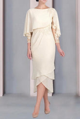 Tea-Length Mother of the Bride Dress with Scoop Neck Short Sleeves and Appliqued Lace