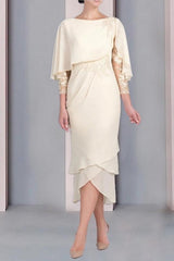 Tea-Length Mother of the Bride Dress with Scoop Neck Short Sleeves and Appliqued Lace