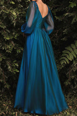 Teal A-Line Evening Dress V-Neck Long Sleeves Floor Length Long Formal Dress
