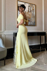 Trendy Mermaid Off The Shoulder Yellow Long Party Dress With Lace Split Front Formal Evening Gown