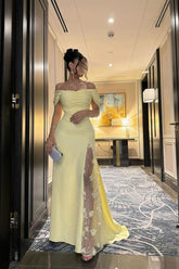 Trendy Mermaid Off The Shoulder Yellow Long Party Dress With Lace Split Front Formal Evening Gown