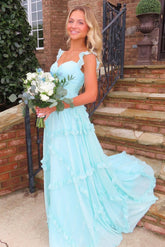Trenidng A Line Sweetheart Blue Long Prom Dress With Ruffles Formal Evening Gown