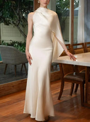 Trumpet Mermaid High Neck Cape Sleeves Floor Length Crepe Satin Wedding Dress