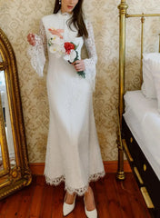 Trumpet Mermaid High Neck Long Sleeves Ankle Length Lace Satin Wedding Dress with Flower