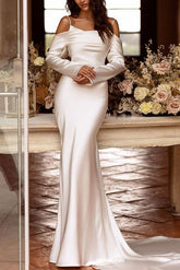 Trumpet Mermaid Long Sleeves Sweep Train Satin Wedding Dresses