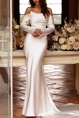 Trumpet Mermaid Long Sleeves Sweep Train Satin Wedding Dresses