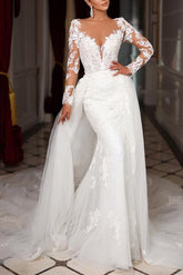Trumpet Mermaid Long Sleeves Tulle Wedding Dresses Appliques Lace