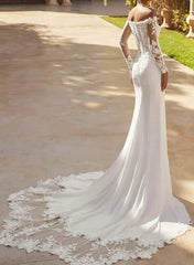 Trumpet Mermaid Off the Shoulder Long Sleeves Chapel Train Lace Satin Wedding Dress with Appliques