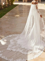 Trumpet Mermaid Off the Shoulder Long Sleeves Chapel Train Lace Satin Wedding Dress with Appliques
