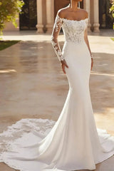 Trumpet Mermaid Off the Shoulder Long Sleeves Chapel Train Lace Satin Wedding Dress with Appliques
