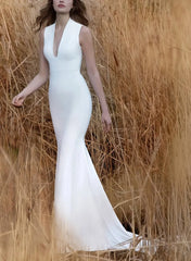 Trumpet Mermaid Plunge Neck Detachable Sleeves Sweep Train Satin Wedding Dress