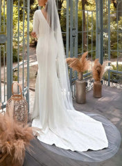 Trumpet Mermaid Plunge Neck Long Sleeves Chapel Train Elastic Satin Wedding Dress with Lace