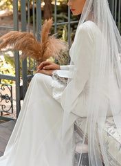 Trumpet Mermaid Plunge Neck Long Sleeves Chapel Train Elastic Satin Wedding Dress with Lace