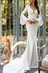 Trumpet Mermaid Plunge Neck Long Sleeves Chapel Train Elastic Satin Wedding Dress with Lace